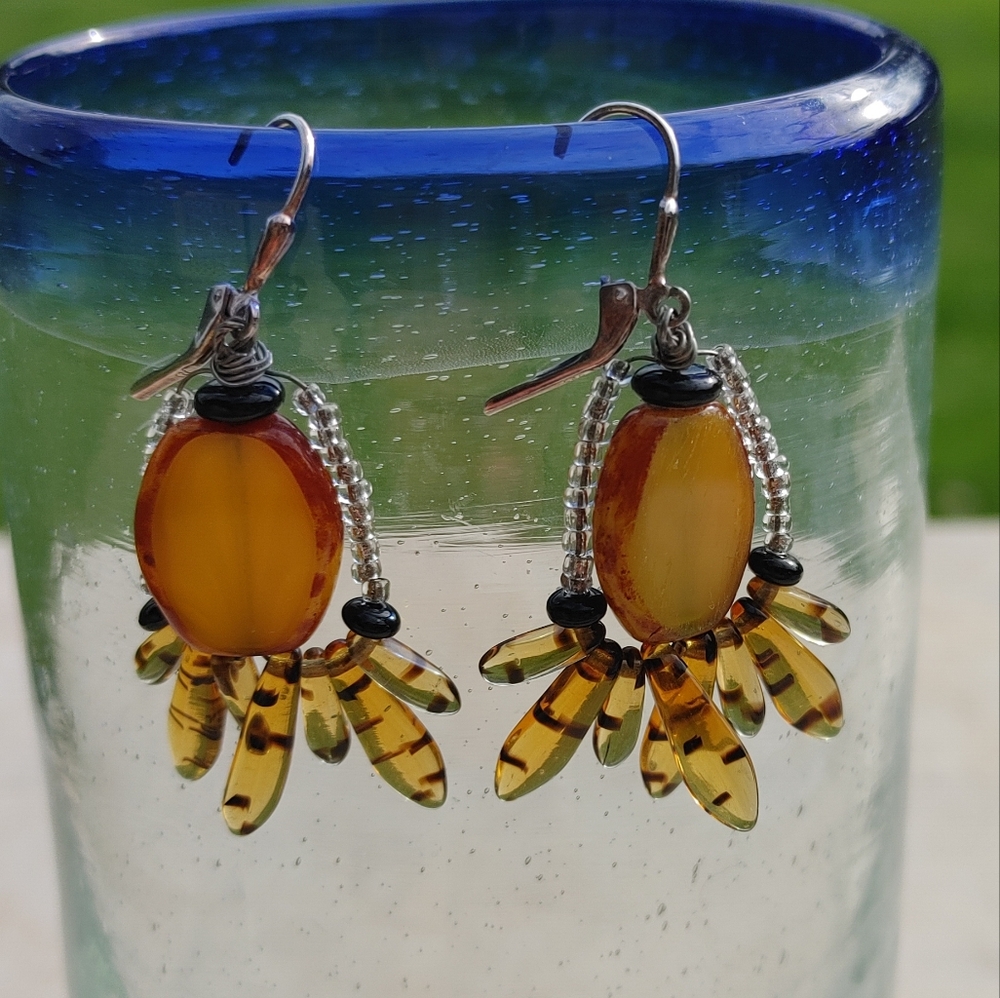 Artsy Amber and Beaded Earrings with leverback hooks (2") - Picture 6 of 9
